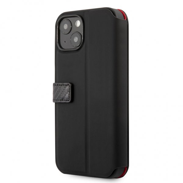 Ferrari iPhone 13 Mini Suojakuori Carbon Effect Metal Logo Vertical Stripe Musta
