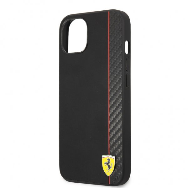 Ferrari iPhone 13 Kuori Carbon Effect Metal Logo Vertical Stripe Musta