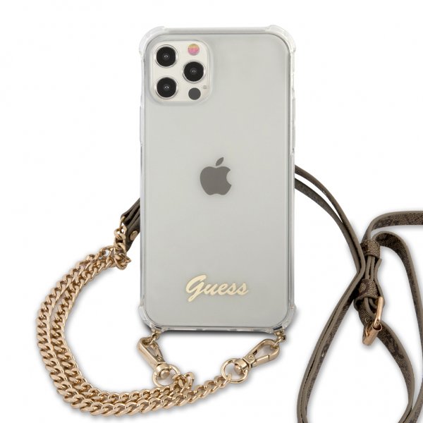 Guess iPhone 12 Pro Max -suojakuori, Chain & Script, kulta, läpinäkyvä