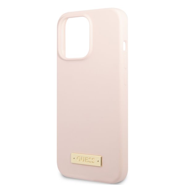 Guess iPhone 13 Pro -silikonikuori, jossa on MagSafe-metallilevy, pinkki