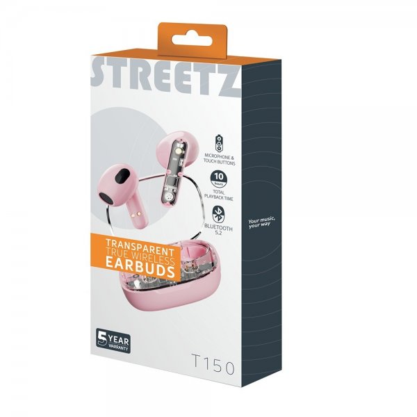 Streetz Kuulokkeet T150 Läpinäkyvät Langattomat Nappikuulokkeet Vaaleanpunainen