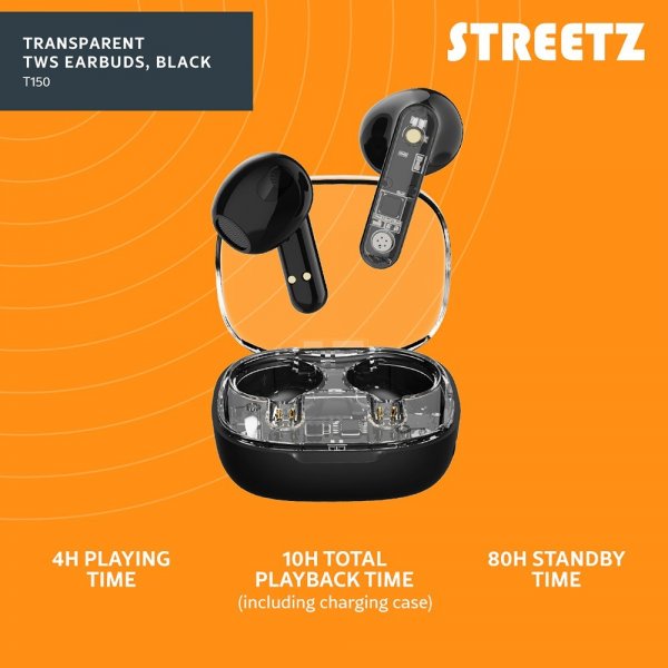 Streetz Kuulokkeet T150 Läpinäkyvät Täysin Langattomat Nappikuulokkeet Musta