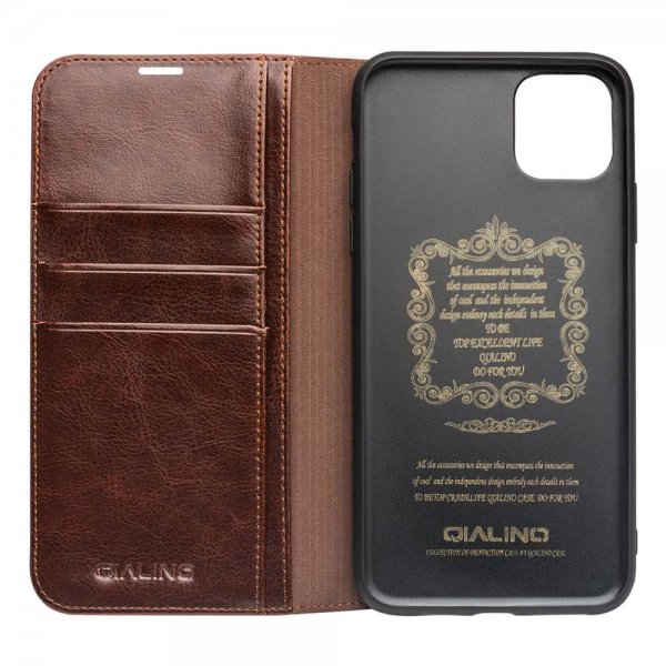Qialino iPhone 11 -kotelo, aitoa nahkaa, korttipaikka, ruskea
