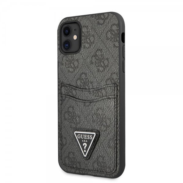 Guess iPhone 11 -suojakuori, Double Cardslot Metal Triangle, musta
