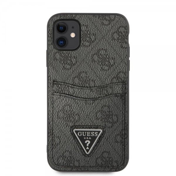 Guess iPhone 11 -suojakuori, Double Cardslot Metal Triangle, musta