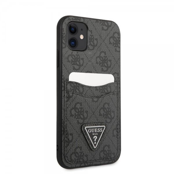 Guess iPhone 11 -suojakuori, Double Cardslot Metal Triangle, musta