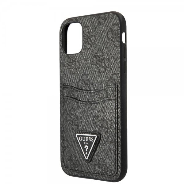 Guess iPhone 11 -suojakuori, Double Cardslot Metal Triangle, musta