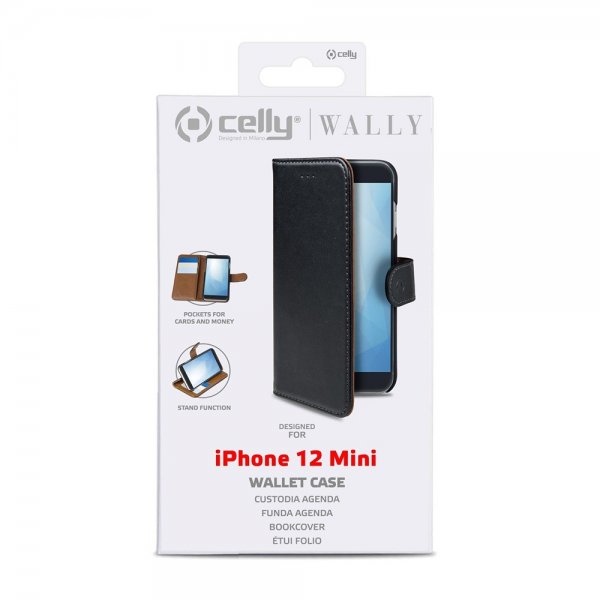 Celly iPhone 12 Mini Kotelo Wally Wallet Case Musta