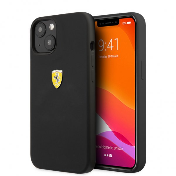 Ferrari iPhone 13 Mini Liquid Silicone -suojakuori, metallilogo, musta