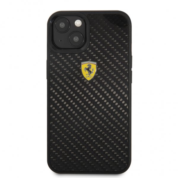 Ferrari iPhone 13 Mini -suojakuori, aito hiilikuitu, metallilogo, musta