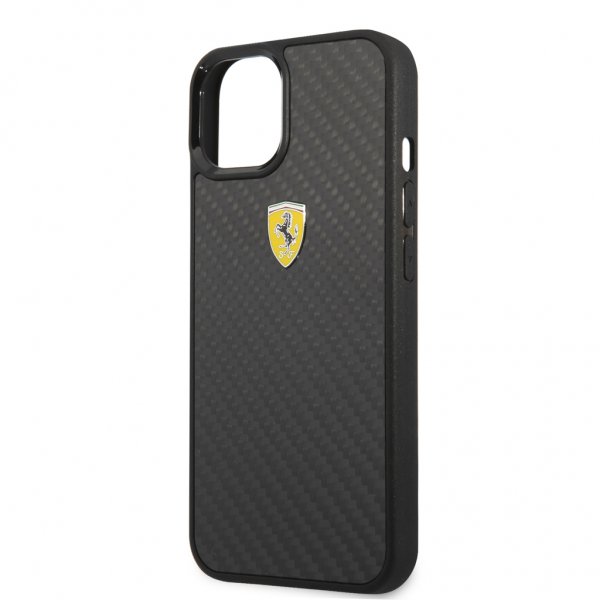 Ferrari iPhone 13 Mini -suojakuori, aito hiilikuitu, metallilogo, musta