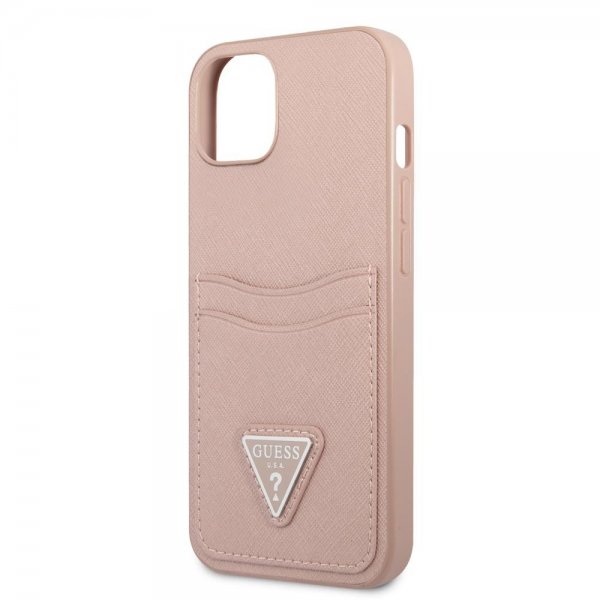 Guess iPhone 13 Mini Saffiano Double Cardslot -suojakuori, vaaleanpunainen