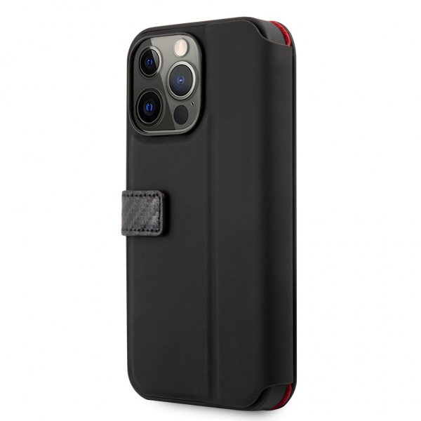 Ferrari iPhone 13 Pro -suojakotelo Carbon Effect Metal Logo Vertical Stripe, musta