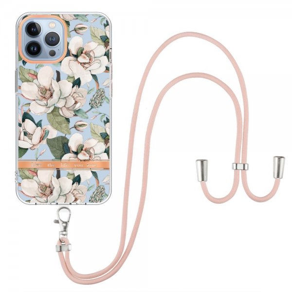 iPhone 13 Pro Max Kuori Kukkakuvio Hihna Vihreä Gardenia