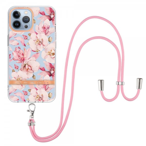 iPhone 13 Pro Max -kuoret kukkakuviolla ja hihnalla, vaaleanpunainen Gardenia