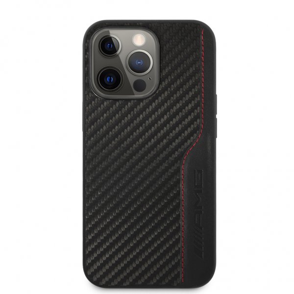 AMG iPhone 13 Pro Max -kuori hiilikuitujäljitelmällä ja tikkauksella, musta