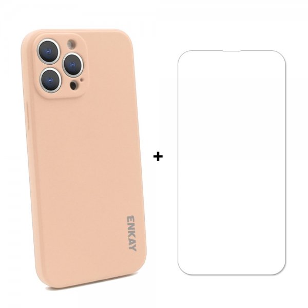 Enkay iPhone 13 Pro Max -silikonikuori näytönsuojalla, vaaleanpunainen