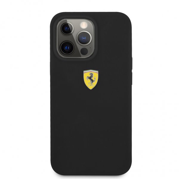 Ferrari iPhone 13 Pro Max -kuori, nestemäinen silikoni, metallilogolla, musta