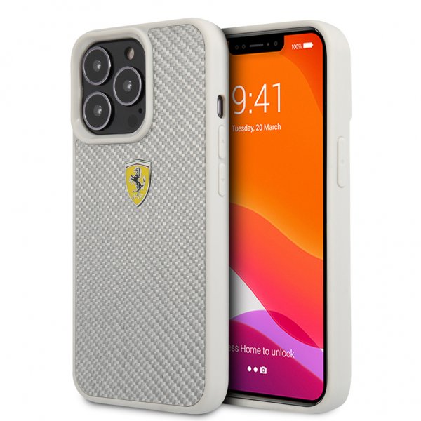 Ferrari iPhone 13 Pro Max -kuori, aitoa hiilikuitua, metallinen logo, hopea