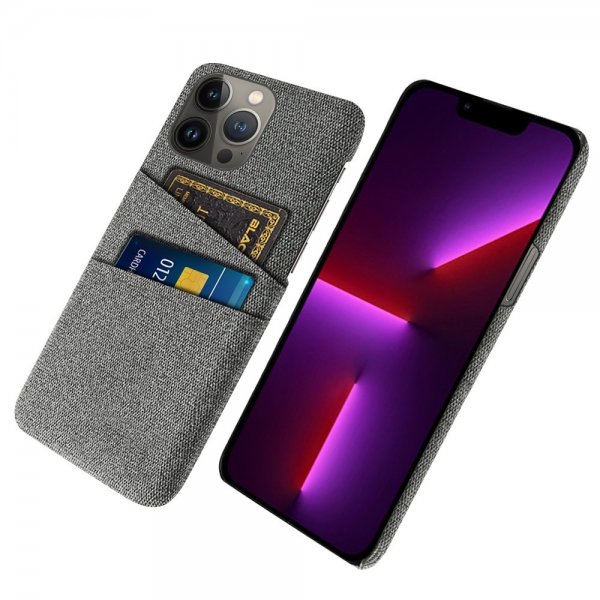 iPhone 13 Pro Max -kotelo, kaksi korttipaikkaa, kangasta, harmaa