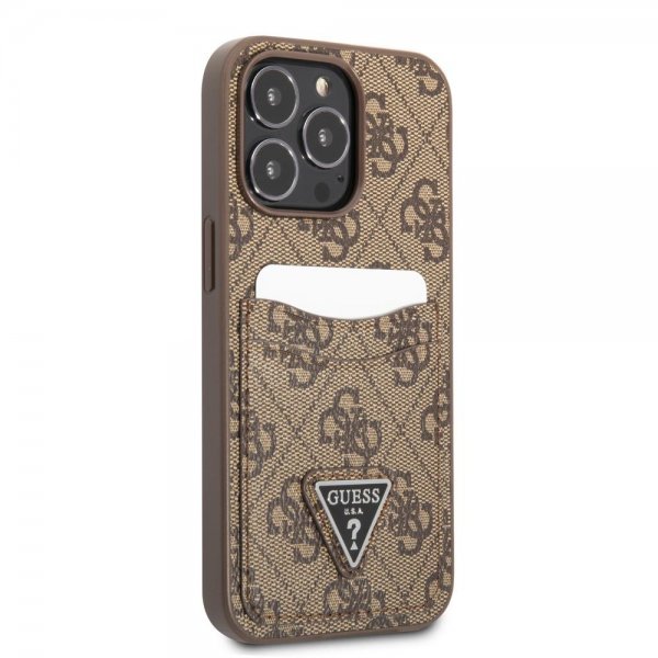 Guess iPhone 13 Pro Suojakuori Double Cardslot Metal Triangle Ruskea