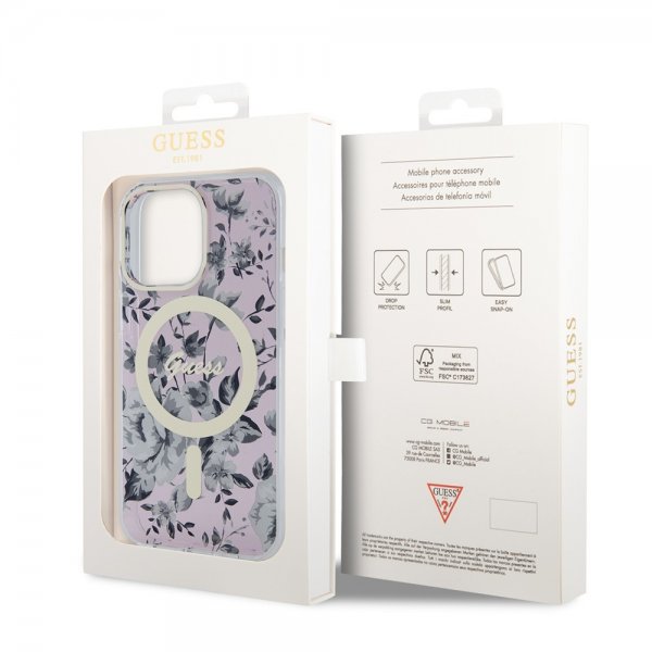 Guess iPhone 13 Pro -suojakuori Flower MagSafe, pinkki