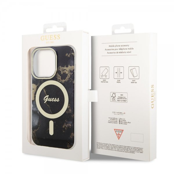 Guess iPhone 13 Pro -suojakuori Golden Marble MagSafe, musta