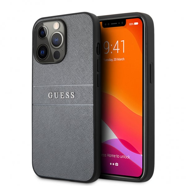 Guess iPhone 13 Pro -suojakuori Hot Stamp Metal Logo - harmaa