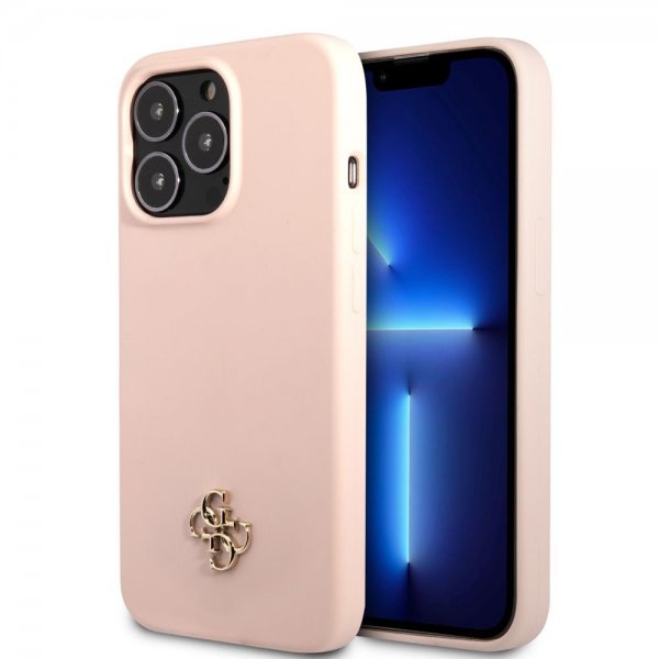 Guess iPhone 13 Pro -silikonikuori Metal Logo 4G, vaaleanpunainen