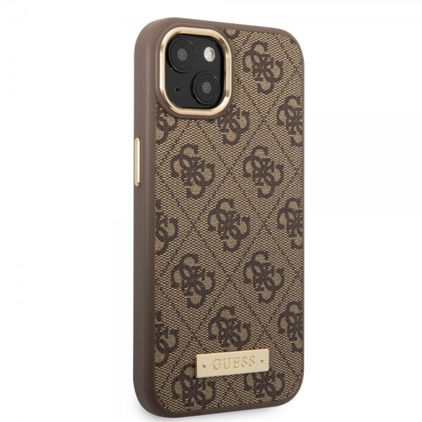 Guess iPhone 13 -suojakuori Metal Plate Logo MagSafe ruskea