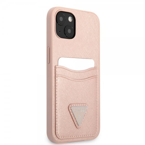 Guess iPhone 13 -kuori Saffiano Double Cardslot, ruusukulta