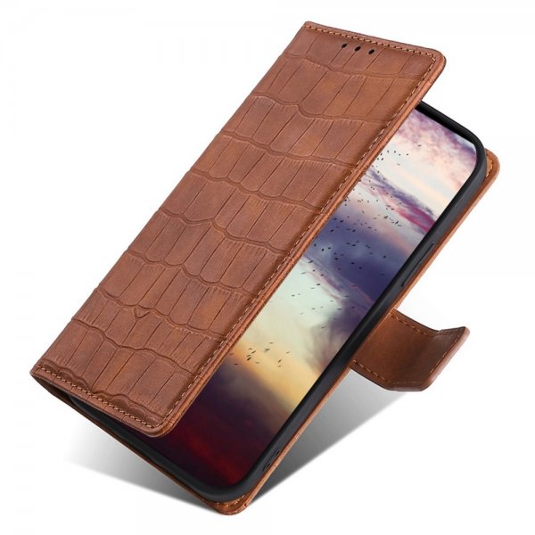 iPhone 14 Plus -suojakotelo krokotiilikuvioinnilla, ruskea