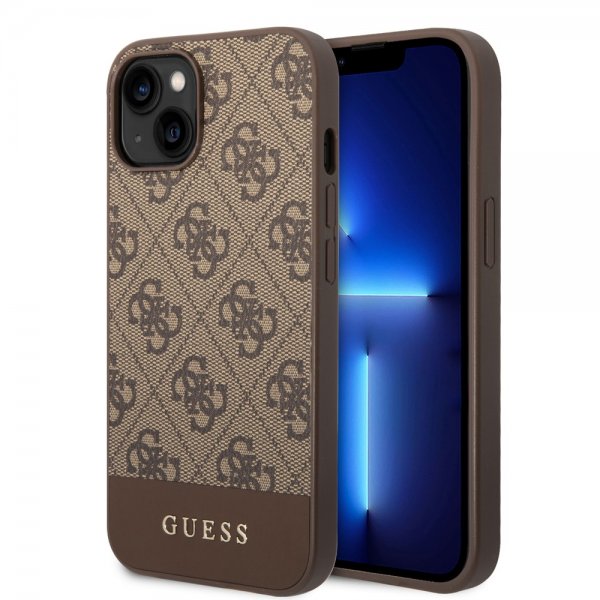 Guess iPhone 14 Plus kuoret Bottom Stripe Metal Logo ruskea