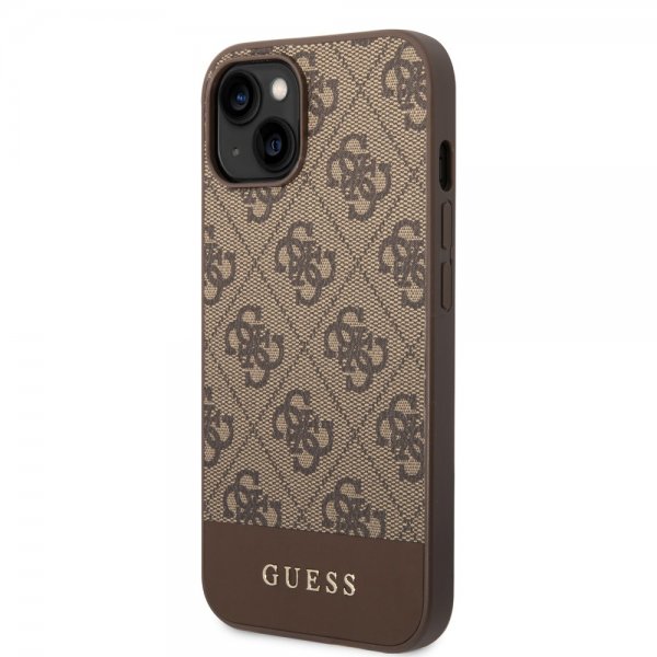 Guess iPhone 14 Plus kuoret Bottom Stripe Metal Logo ruskea