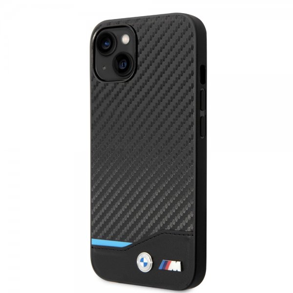 BMW iPhone 14 Plus -kuori, hiilikuitujäljitelmä, painettu logo, musta