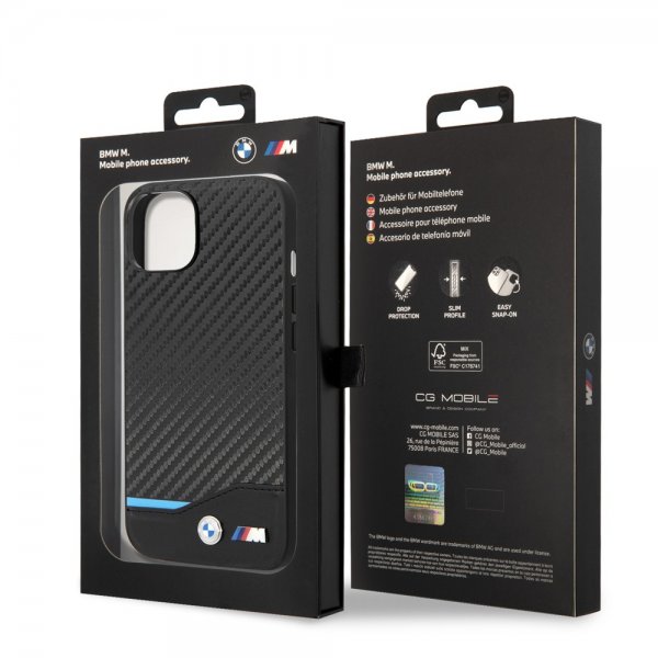 BMW iPhone 14 Plus -kuori, hiilikuitujäljitelmä, painettu logo, musta