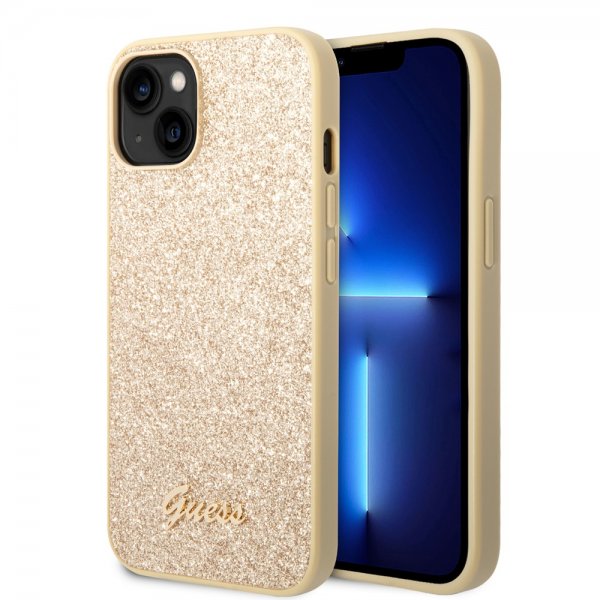 Guess iPhone 14 Plus -suojakuori Glitter Flakes Metal Logo, kulta