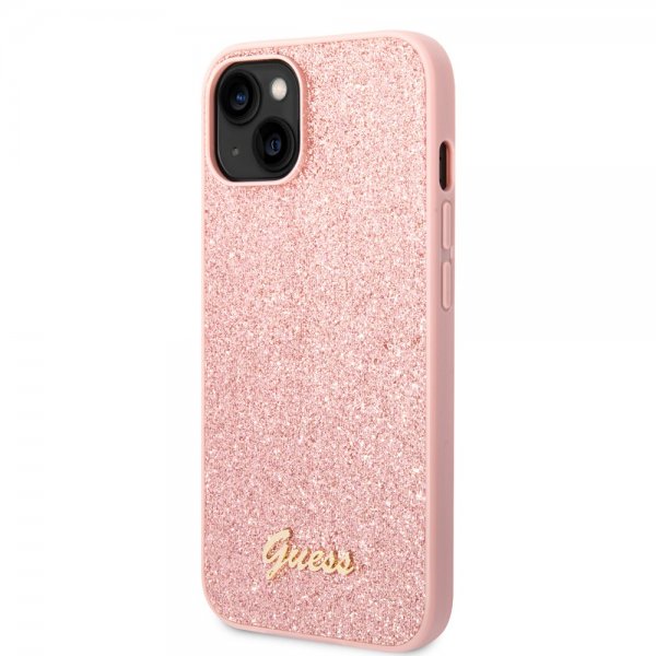 Guess iPhone 14 Plus -suojakuori, Glitter Flakes, metallilogo, vaaleanpunainen