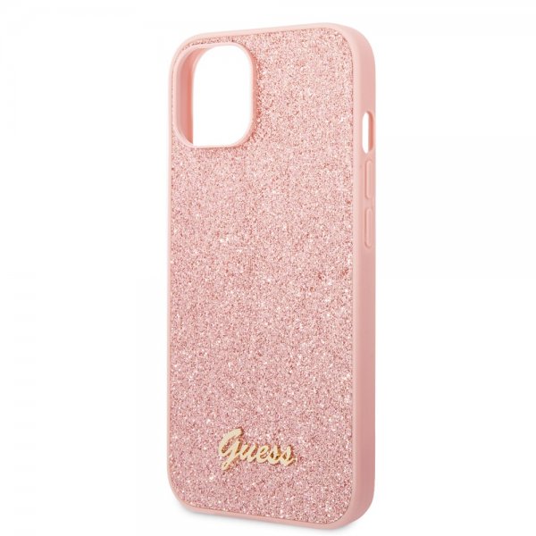 Guess iPhone 14 Plus -suojakuori, Glitter Flakes, metallilogo, vaaleanpunainen