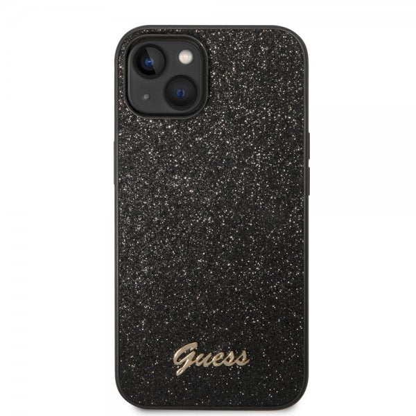 Guess iPhone 14 Plus Suojakuori Glitter Flakes Metallilogo Musta