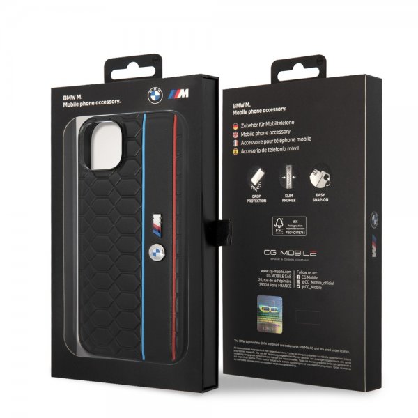 BMW iPhone 14 Plus -kuori, kuusikulmiokuvio, musta