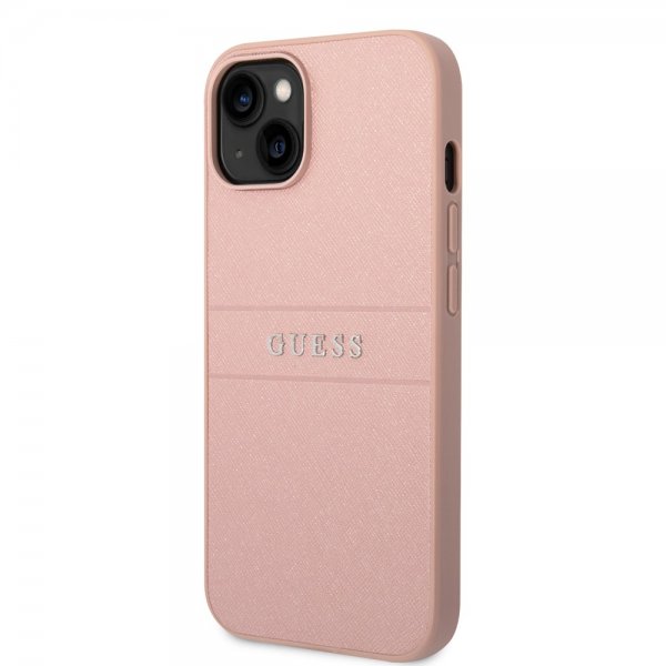 Guess iPhone 14 Plus -kuori Saffiano Metal Logo Stripes, pinkki
