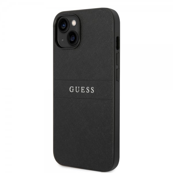 Guess iPhone 14 Plus -suojakuori Saffiano Metal Logo Stripes Musta