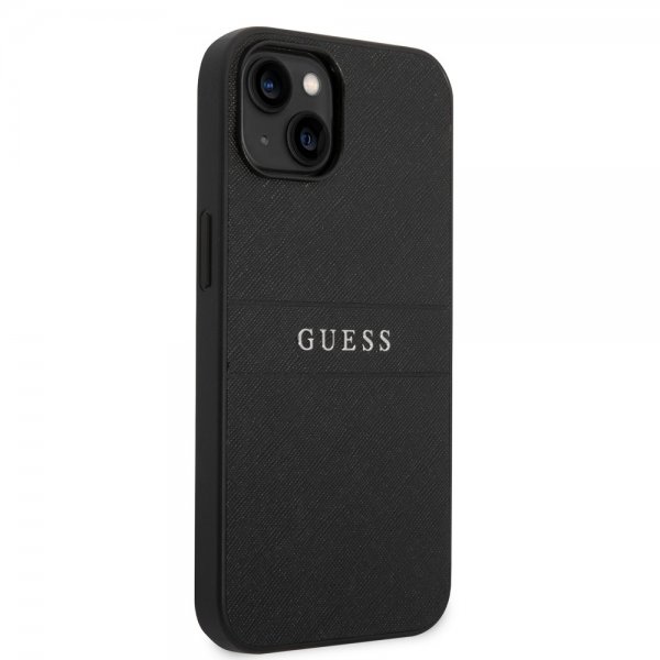 Guess iPhone 14 Plus -suojakuori Saffiano Metal Logo Stripes Musta