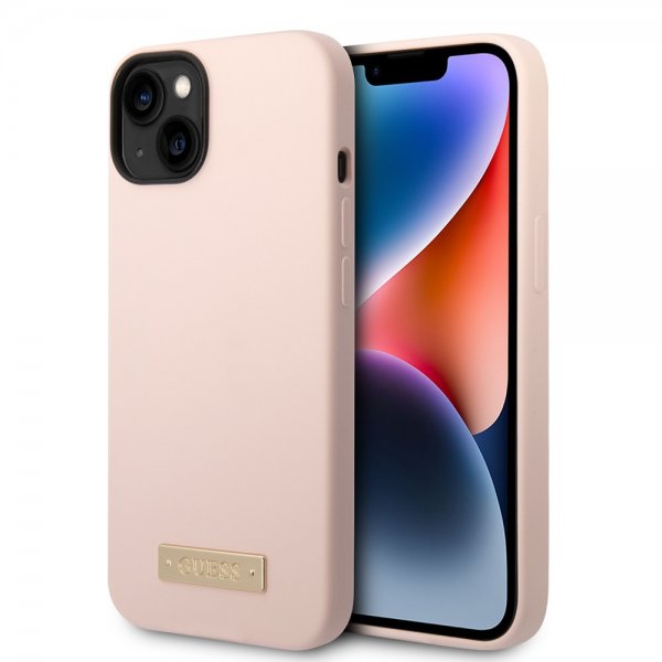 Guess iPhone 14 Plus -silikonikuori, metallilevy, MagSafe, pinkki