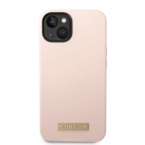 Guess iPhone 14 Plus -silikonikuori, metallilevy, MagSafe, pinkki