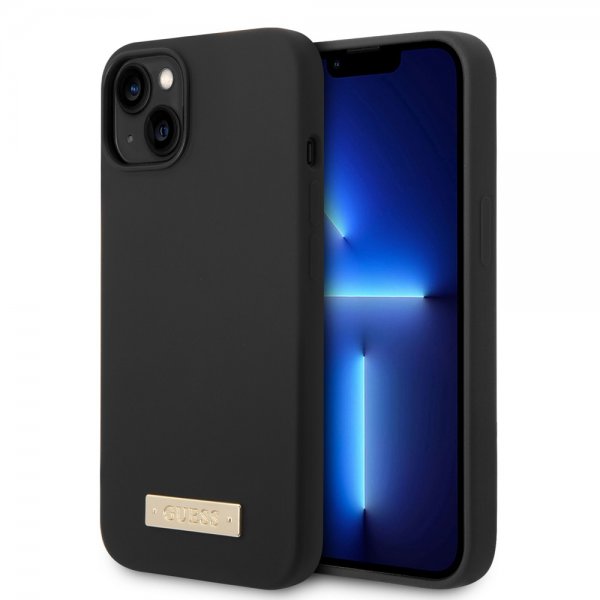 Guess iPhone 14 Plus -silikonikuori, jossa metallilevy ja MagSafe, musta