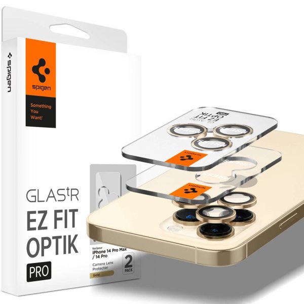 Spigen iPhone 14 Pro/iPhone 14 Pro Max -kameran suoja GLAS.tR EZ Fit Optic Pro Gold 2-pakkaus