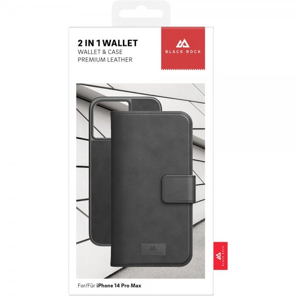 Black Rock iPhone 14 Pro Max -suojakotelo, 2-in-1, lompakkotyyppinen, irrotettava kuori, musta
