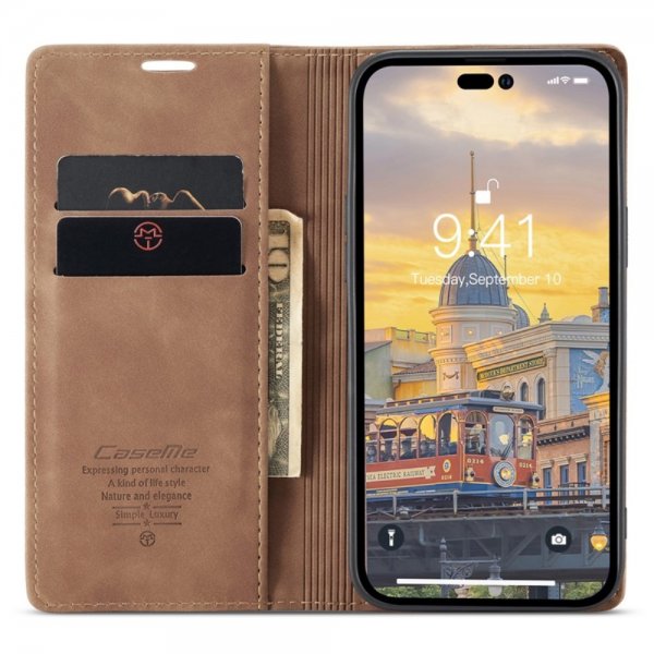 CaseMe iPhone 14 Pro Max Retro Flip Ruskea suojakotelo